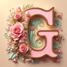 the letter f is decorated with flowers and pearls