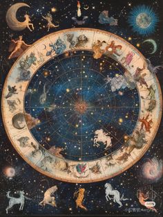 an astronomical map with zodiacs and stars in the sky, as well as other celestial symbols