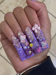 Hello Kitty Acrylic Nails, Lavender Acrylic Nails, Purple Hello Kitty, Nails Duck, June Calendar, Funky Nail Designs, Bling Nail Art, Lavender Nails