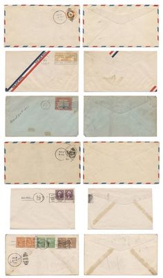 several envelopes with stamps on them are lined up in different colors and sizes,