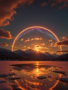 the sun is setting over an icy lake with mountains in the background and clouds reflected in the water