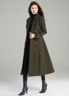 "Army green long size Wool Coat for women, wool military coat, women's winter coat. Perfect for cold weather and fall.This long wool coat is made of high quality fabric, soft and comfortable to wear, wearing warm in winter. You can choose the one you like and make it unique. ★★ FEATURES 50% wool, 50% fiber, nylon Polyester lining Two pockets Button closure Long sleeve wool coat Army green wool coat Wool Military coat Perfect for winter, autumn Dry clean ★★Mode size Height 170cm (5′ 7″) Bust 84 c Long Khaki Outerwear For Work, Long Pea Coat With Button Closure, Khaki Wool Coat With Pockets For Winter, Winter Khaki Pea Coat With Button Closure, Khaki Pea Coat With Button Closure For Winter, Khaki Long Single Breasted Outerwear, Single Breasted Long Khaki Pea Coat, Khaki Long Wool Coat For Fall, Khaki Wool Pea Coat For Winter