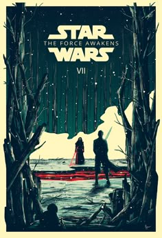 star wars the force awakes poster with two people standing on a boat in water