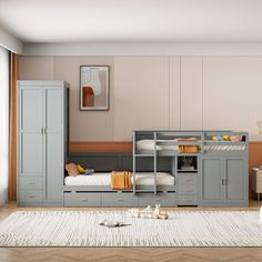 a bedroom with bunk beds and dressers next to a large white rug on the floor