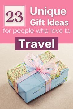 a gift box with a map on it and the words, 23 unique gift ideas for people who love to travel