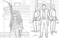 an adult coloring page with two men and a woman standing in front of a building