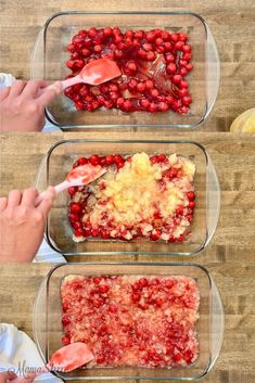 three pictures showing how to make cranberry cobbler in glass dishes with spoons