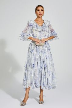 Chiffon V-neck Ruched Dress, Elegant Flowy V-neck Dress With Floral Print, Chiffon Ruched Dress For Garden Party, Elegant Floral Print V-neck Dress For Garden Party, Feminine Ruched Chiffon Midi Dress, Chiffon Ruched Midi Dress For Brunch, Ruched Chiffon V-neck Dress, V-neck Dress With Ruched Bodice For Garden Party, Elegant V-neck Maxi Dress For Garden Party