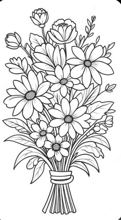 a bouquet of flowers in a vase on a white background coloring pages, adult coloring pages, flower coloring pages, printable coloring pages