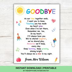 an instant printable from the happy planner on etsyyfy com that says goodbye as our time together ends, i want to know