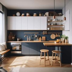 a kitchen with wooden stools and white cabinets