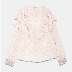 Great Condition Brand New With Tags Sheer Floral Print Ruffles On Shoulders And Neckline Embroidered At End Of Sleeves Jacquard Blouse, Sequin Appliques, Top Shirt Women, Pleated Fabric, Floral Jacquard, Casual Work, Sheer Blouse, Zara Tops, Fashion Tops