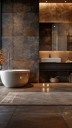 a bathroom with a bathtub, sink and rug on the floor in front of it