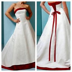 two pictures of a woman in a white and red wedding dress with her hands on her hips