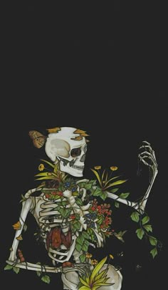 a painting of a skeleton with flowers in it