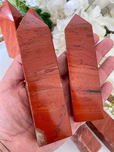 two large red rocks are held in someone's hand with white flowers behind them