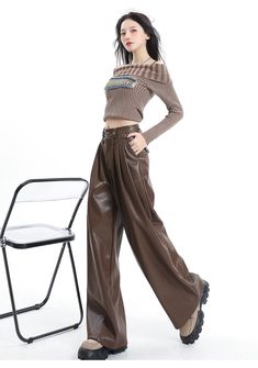 Coffee Wide-Leg Pu Leather Pants - chiclara Brown Leather Pants, Design Jeans, Angel Dress, Pose Reference Photo, Leg Design, Pants Men, Cinched Waist, Cropped Top, Womens Maxi Dresses