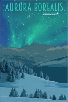 the aurora borealis poster is shown in front of mountains and trees, with stars above them