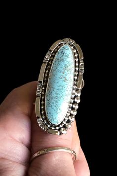 Tall, surfboard Sand Hill Turquoise cabochon on a tapered wide band. Sterling Silver Birthstone Ring, Vero Beach Fl, Vero Beach, Handmade Rings, Wide Bands, Blue Turquoise, Birthstone Ring, Stone Ring, Statement Ring