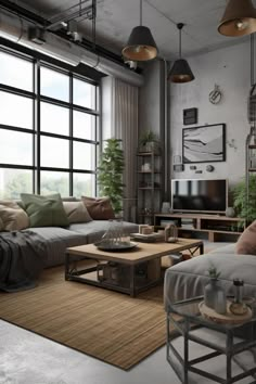 a living room filled with furniture and lots of windows