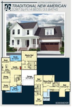 the traditional new american house plan with 3 beds and 2 baths, is shown in this image