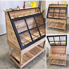 four different views of the inside of a wooden greenhouse with windows and shelves on each side