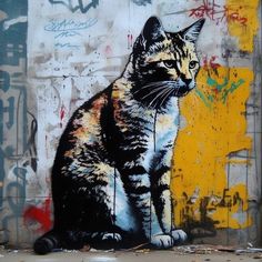 a cat sitting on the ground in front of a wall covered with grafitti