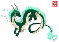 a green and white dragon with horns on it's head, flying through the air