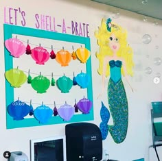 there is a wall with paper decorations on it and an image of a mermaid in the background