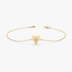 Say it with your heart first. This captivating bracelet features a dainty heart-shaped charm, meticulously crafted from 14k solid gold (available in yellow, white, or rose gold depending on your offering). A sparkling diamond is prong-set in the center of the heart, creating a design that is both elegant and symbolic. - Handmade - Solid Gold - Natural Diamonds  - G Color, SI Quality Diamonds - The Dimension of the Heart: 7 mm - Total Diamond Carat Weight: 0.01 ctw 🛠 Your Sarah Elise piece is handcrafted with care! Ready-to-ship items go out within 3 business days. Made-to-order pieces typically take 7-10 business days to create. If you need something sooner, please contact us - we'll see if we can make it happen! For estimated shipping dates and tracking, check your Etsy account under 'Or Adjustable Heart Cut Bracelet With Heart Charm, Adjustable Heart Charm Bracelet With Heart Cut, Adjustable Bracelet With Heart Charm And Cut, Adjustable Bracelets With Heart Charm, Dainty Heart-shaped Promise Bracelets, Dainty Heart Bracelets For Promise, Dainty Heart Shaped Promise Bracelet, Adjustable Heart Bracelet With Heart Charm, Heart-shaped Bracelet With Heart Charm For Promise