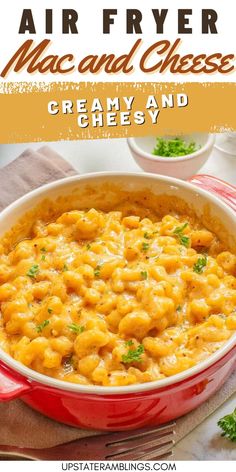 macaroni and cheese in a red casserole dish with text overlay