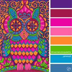 an owl with bright colors and patterns on it's face is featured in the color wheel