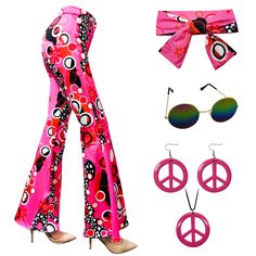 PRICES MAY VARY. 【70s Costumes Set】You will receive in total 6 pices set - 1 hippie flared bottom pants, 1 headband, 1 sunglass, 1 peace sign necklace and 1 pair peace sign of earrings. A perfect outfit set for 60s 70s 80s theme parties. 【Comfortable Pants with Vintage Accessaries】The flared pants are made of 85% polyester and 15% spandex fabric, it is soft, stretchy, lightweight, smooth, breathable, make you feel comfortable and show your curve, the necklace and earrings are made of primium pla Cheap Retro Orange Pants, Disco Style Bottoms For Spring Costume Party, Pink Disco Bottoms For Summer, Disco Style Bottoms For Summer Costume Party, Red Bottoms For Costume Party In Summer, Pink Bottoms For Costume Party In Summer, Red Bottoms For Summer Costume Party, Pink Bottoms For Summer Costume Party, Fun Red Bottoms For Spring