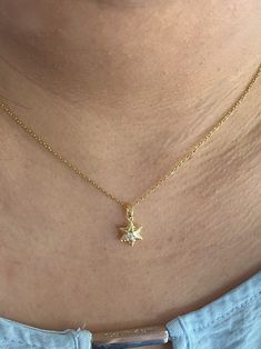 18K gold thick layered over High Quality Solid Stainless Steel. can be worn in water.  Our jewelry is made to last, anti-tarnish, higher durability than a regular gold-plated brass material, perfect for everyday wear. * Finish: 18K Gold *  18K Gold Hexagram necklace * Featuring Adjustable Chain 16.5 inches to 18.5 inches. length: 18.5 inch material: 18K Gold,tianiumsteel pendant width: about 0.4 inch pendant length: about 1 inch   all items are meatured by handy, if has little size difference,  Please according to the real item size * All items are nicely packaged ready to gift in elegant jewelry boxes We meet your demands with expert craftsmanship. Our biggest goal is to serve you in top quality. Mostly our products are open for personalization, feel free to ask for any kind of customizat Yellow Gold Star Necklace Gift, Everyday Celestial Star Necklace, Gold Star-shaped Jewelry, Star-shaped Jewelry With Star Charm As Gift For Her, Gold Starburst Necklace For Gift, Star Charm Jewelry Gift For Her, Everyday Star Charm Necklace, Gold Star-shaped Jewelry With Adjustable Chain, Gold Plated Dainty Necklace With Star Charm