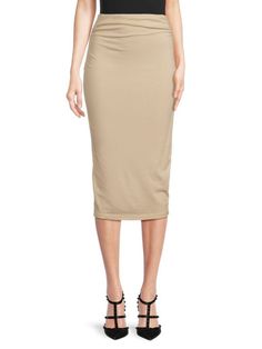 Ruched Pencil Skirt Solid Ruched Pencil Skirt, Solid Color Ruched Pencil Skirt, Solid Color Pencil Skirt With Ruched Detail, Fitted Elastane Bottoms Midi Length, Fitted Elastane Midi Bottoms, Fitted Ruched Midi Bottoms, Fitted Ruched Midi Length Bottoms, Fitted Ruched Midi-length Bottoms, Fitted Flattering Midi Skirt