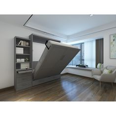 a living room with an open book shelf in the shape of a giant computer monitor