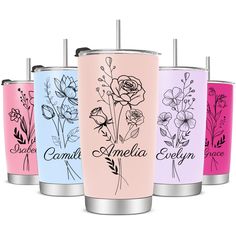 three different colored tumblers with flowers on them and the words camellia evelyn written in black