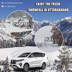 a white suv parked in the snow with mountains behind it and words above it that say enjoy the fresh snowfall in utarakhand