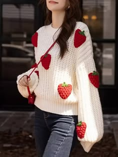 Feminine Strawberry Print Crochet Knit Sweater - Soft Crew Neck Affiliate link Cardigans Aesthetic, Strawberry Witch, Korean Lookbook, Strawberry Sweater, Sweaters Crochet, Organza Suits, Crochet Strawberry, Strawberry Pattern, Chunky Sweaters