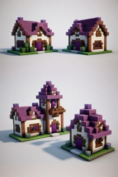 three different views of a small house made out of lego blocks, each with a purple roof