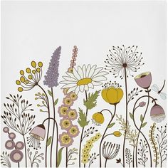 an illustration of flowers and plants on a white background with yellow, purple, and green accents