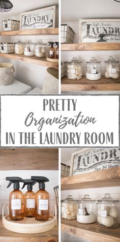 some shelves that have jars and bottles on them with the words pretty organization in the laundry room