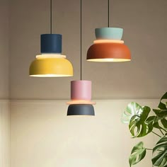 three different colored lights hanging from the ceiling above a table with two chairs and a potted plant