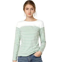 This contrast stripe T-shirt is a classic style for daily life. This piece is contrasted with a color block to fulfill your style statement from a boring all-over stripe top. It's cut from soft fabric that makes you feel comfortable day to night. These casual striped t-shirts match jeans, pants, skirts, or leggings freely, and they are perfect for daily wearing. Striped T Shirts, Jeans Models, Stripe T Shirt, Pants Skirt, Casual Home, Stripe Top, Round Neck Tees, Striped T Shirt, Casual Stripes