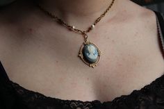 "Enchanting Blue Cameo in a lovely design called the Kathrine Necklace. Features a drop portrait cameo in a leaves embellished setting hanging from an ornate drop. Pearls and cast floral antiqued golden beads are hand linked and wire-wrapped to enhance the lovely tones and textures of this Victorian cameo. Your necklace will be finished with antiqued gold chain that is finely textured. Closure is done with our hand forged loops which are durable and allow adjustable length. You necklace has a lo Vampire Diaries Necklace, Victorian Cameo, Victorian Necklace, Golden Beads, Special Necklace, Black Clothes, Cameo Necklace, Summer Earring, Fall Gifts