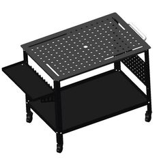 a black coffee table with wheels and a tray on it's side, sitting against a white background