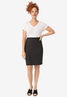 Clean lines lend a sleek, timeless look to this lightweight pencil skirt. Pair it with any of your casual-career separates to complete your 9-to-5 look. Shaped, straight silhouetteFlat waistbandHidden back zipperBack darts, Back ventPolyester linedApprox. 20" hits above the kneePolyester/Rayon/SpandexMachine wash coldImportedCustomers also love our ankle-length version! Click here to shop. Thermal Sweater, Shrug Cardigan, Blazer And Skirt, Tunic Tank Tops, Pencil Skirt Black, Woman Within, Swimsuits For All, Cardigan Tops, New Tops