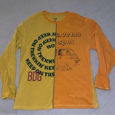 Brand New Without Tags Bdg By Urban Outfitters Spliced Long Sleeve Teeshirt With Green Contrast Stitching. Size Small, But Oversized Fit. Primarily Yellow And Orange Colors. Please Feel Free To Ask Questions And Send An Offer! Long Sleeve Color Block T-shirt For Summer, Spring Graphic Tee With Patchwork, Urban Outfitters Retro Letter Print Tops, Retro Letter Print Tops By Urban Outfitters, Casual Orange Tops With Contrast Color, Long Sleeve T-shirt With Contrast Color For Summer, Casual Yellow Tops With Splicing, Casual Yellow Spliced Top, Long Sleeve Contrast Color T-shirt For Summer