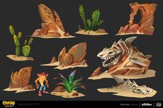 some rocks and plants are shown in this cartoon character's life size renderings