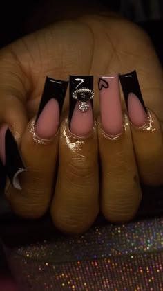 Square Nails With Charms, Matte Black Acrylic Nails, 18th Birthday Nails Acrylic, 19th Birthday Nails, Aesthetic Piercing, Acrylics Ideas, Nba Artwork, Nail Types, Acrylic Toe Nails